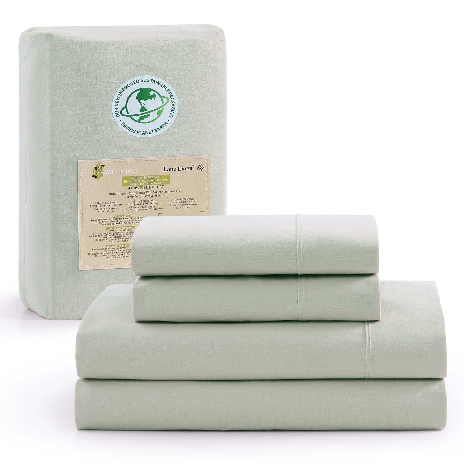 LANE LINEN 100% Organic Cotton Sheets Queen Size Bed Set, Machine Wash Eco Friendly Sustainably Produced Cotton Queen Sheet Set, Soft & Comfy Long Stabple Naturally Cooling Sheets– Mineral