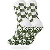 Joyou up 1Pair Socks with Grips for Women Checkered Knit Ankle Yoga Socks, Non Slip Anti-Skid Grippy Dots, Breathable Pilates & Barre Workout Grip (1Green)