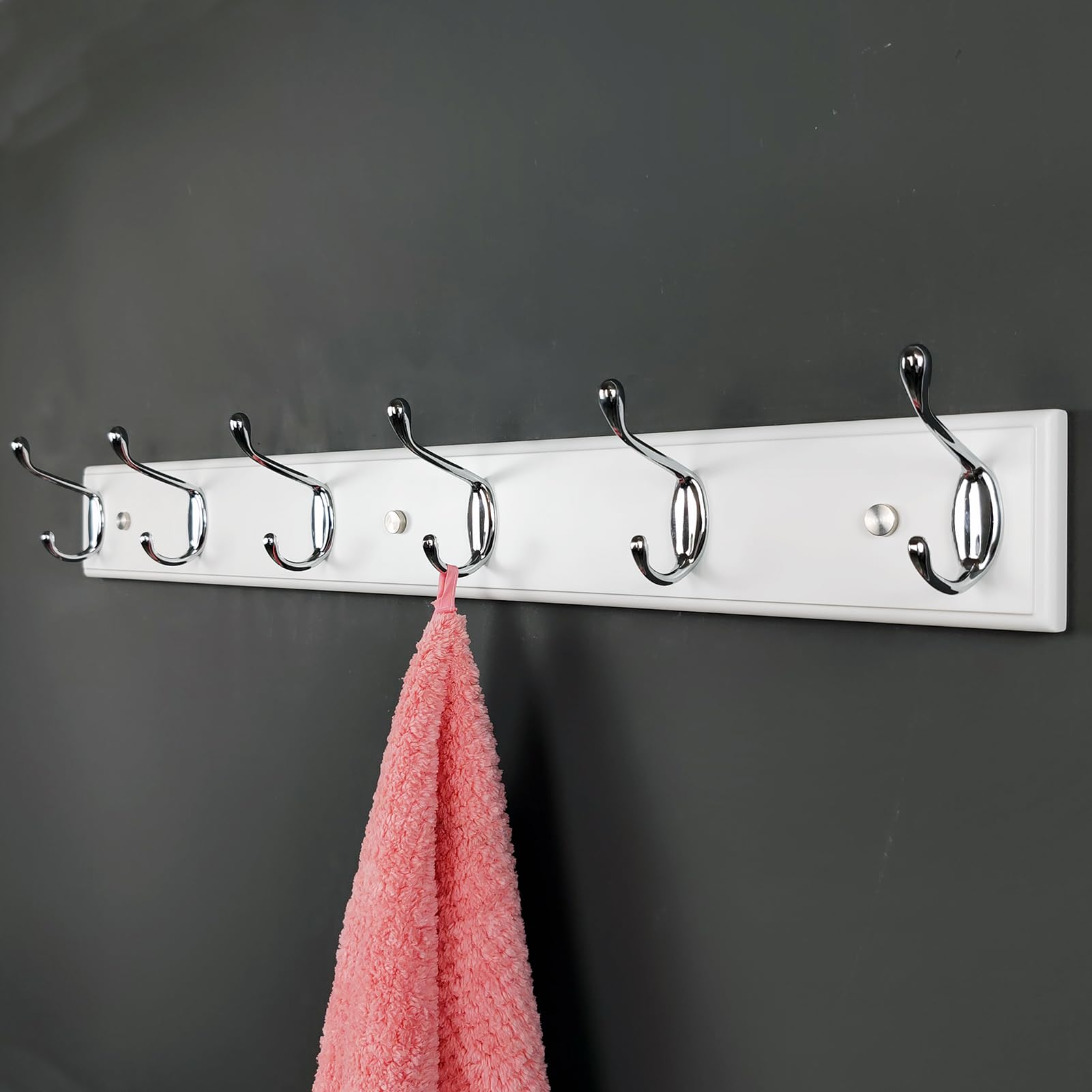 lomejii Wooden Long Wall Mounted Coat Rack with 6 Hooks, 65 cm, White, Sturdy Silver Coat Hook Rack for Clothes, Hats, Bags, Large Modern Wooden Coat Rack for Entrance Hallway Bedroom.