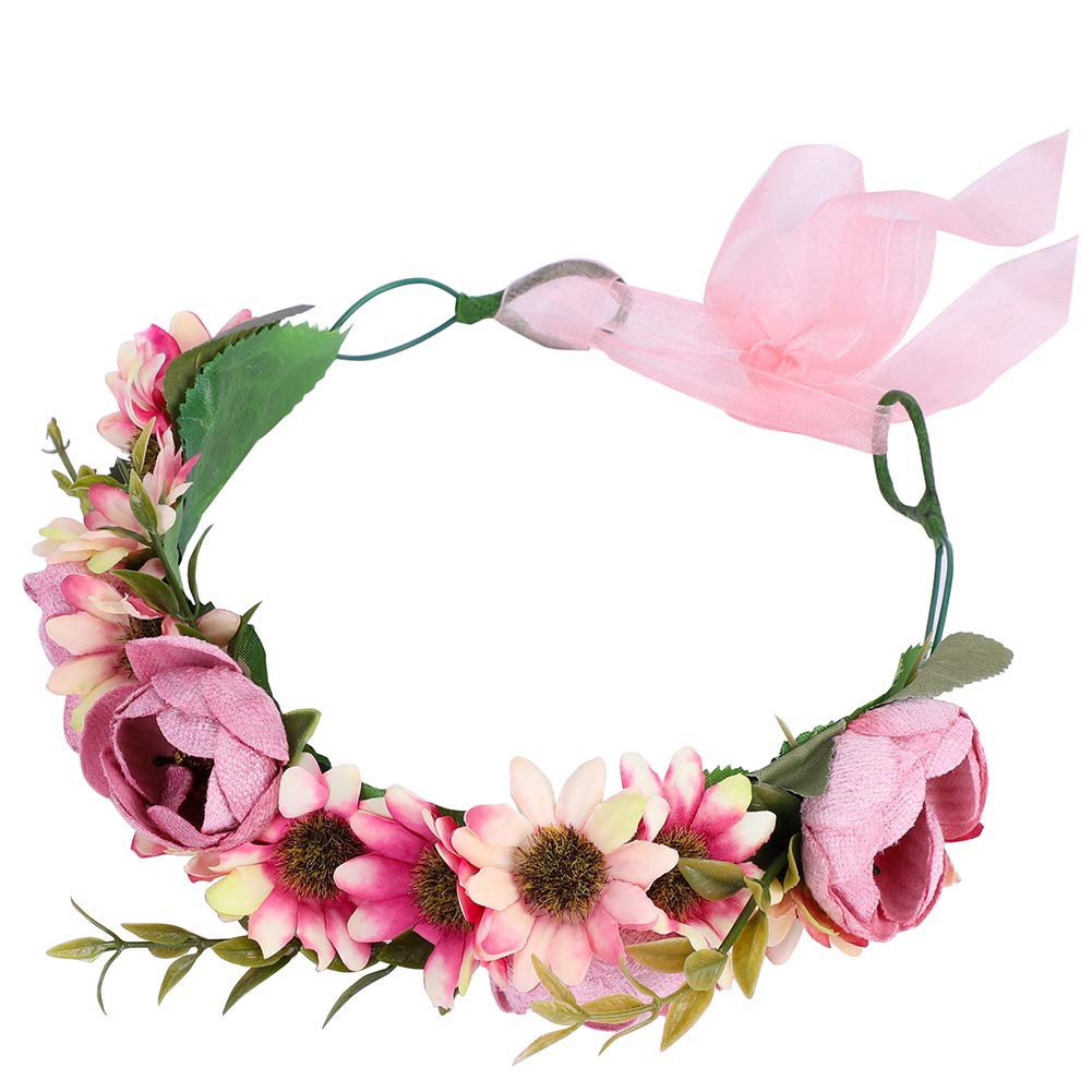 Floral Crown Headband Bride Flower Wreath Crown Flower Garland Headband Wreath Hair Garland Boho Floral Headpiece with Ribbon Rose Bohemian Hair Accessories for Wedding Party Festival