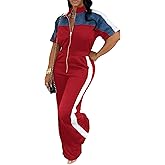 Xuideoy Women's Color Block Zip Up Jumpsuit Casual Short Sleeve Elastic Waist Wide Leg Pant One Piece Rompers Sportswear
