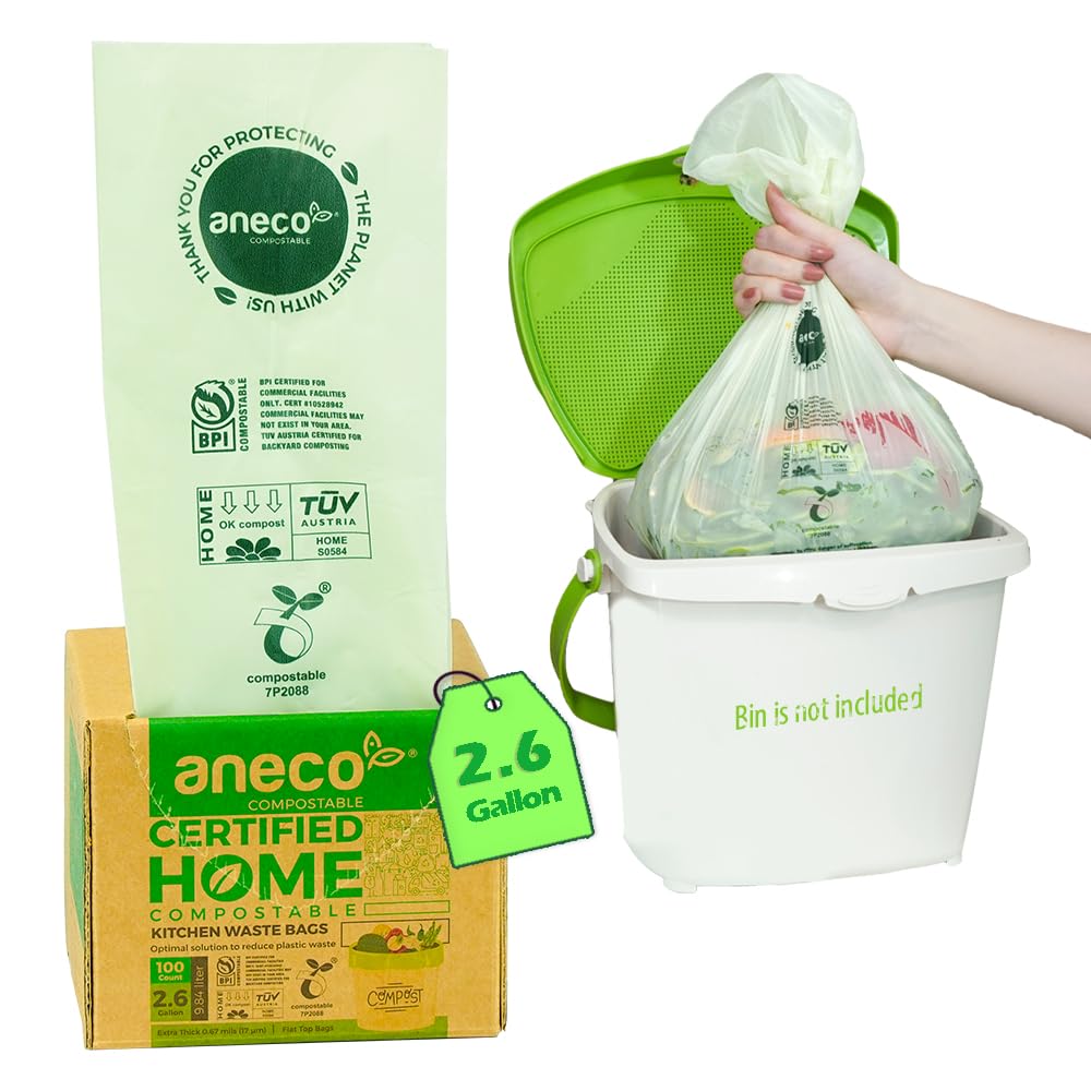 Photo 1 of (Include 10 Bonus Bags) ANECO 100% Compostable Waste Bags 2.6 Gallon, Extra Thick Kitchen Small Compost Bags for Countertop Bin, 110 Count (100 + 10 Extra)