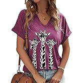 PUCKOLITY Funny Giraffe Graphic V Neck Shirts for Women Casual Short Sleeve Animal Lover Summer Tee Tops