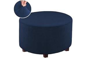 VIENLOVE Round Ottoman Slipcover Polyester Blend Footstool Protector Covers Stretch with Elastic Bottom Feature Textured Machine Washable Jacquard Fabric (Navy, X-Large Size)