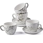 SIDUCAL Espresso Cups Set of 4,6 Ounce Ceramic Coffee Cups with Saucers,Porcelain Double Espresso Cup Set,Gift Box for Boyfriend Gift(White)