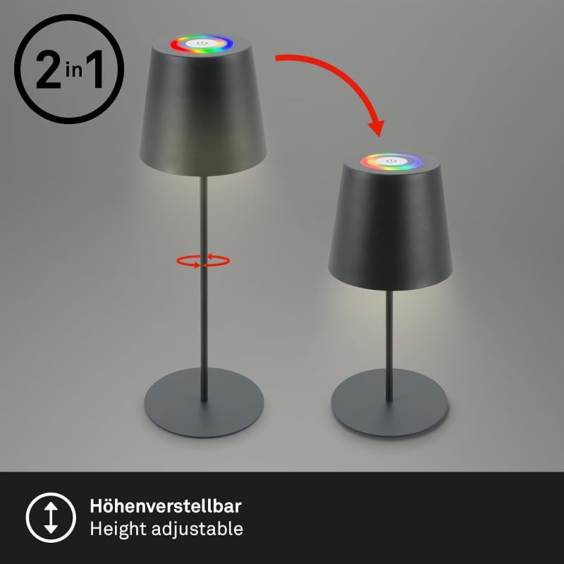 - LED Tischlampe kabellos mit Touch, buntes RGB+W Licht, höhenverstellbar, Nachttischlampe, Leselampe, LED lampe, Campinglampe, Tischleuchte, Akku Lampe, Outdoor, 36x10,5 cm, Anthrazit