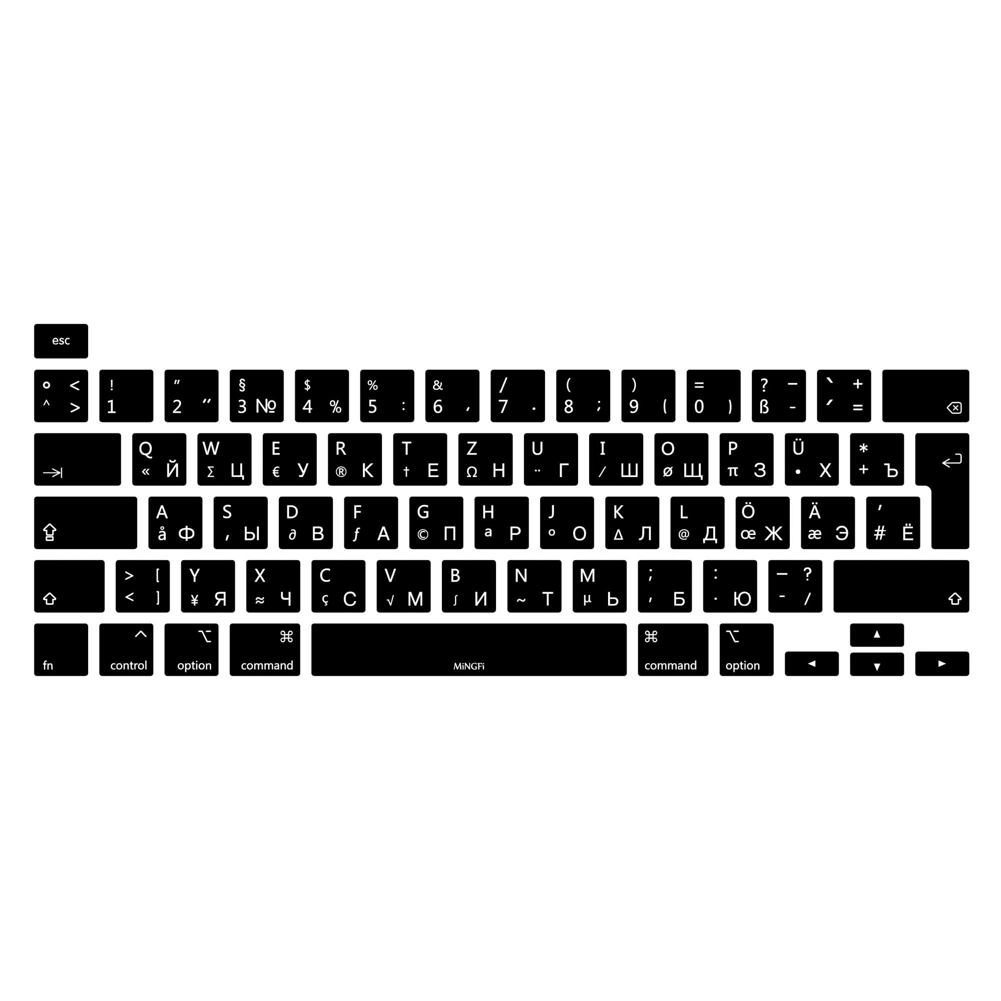 MiNGFi Silicone Russian/QWERTZ Keyboard Cover for MacBook Pro 13" M1/M2 A2338 (2020–2023), A2289 (2020), A2251 (2020–2021), Pro 16" A2141 (2019–2021) EU/ISO Layout - Black