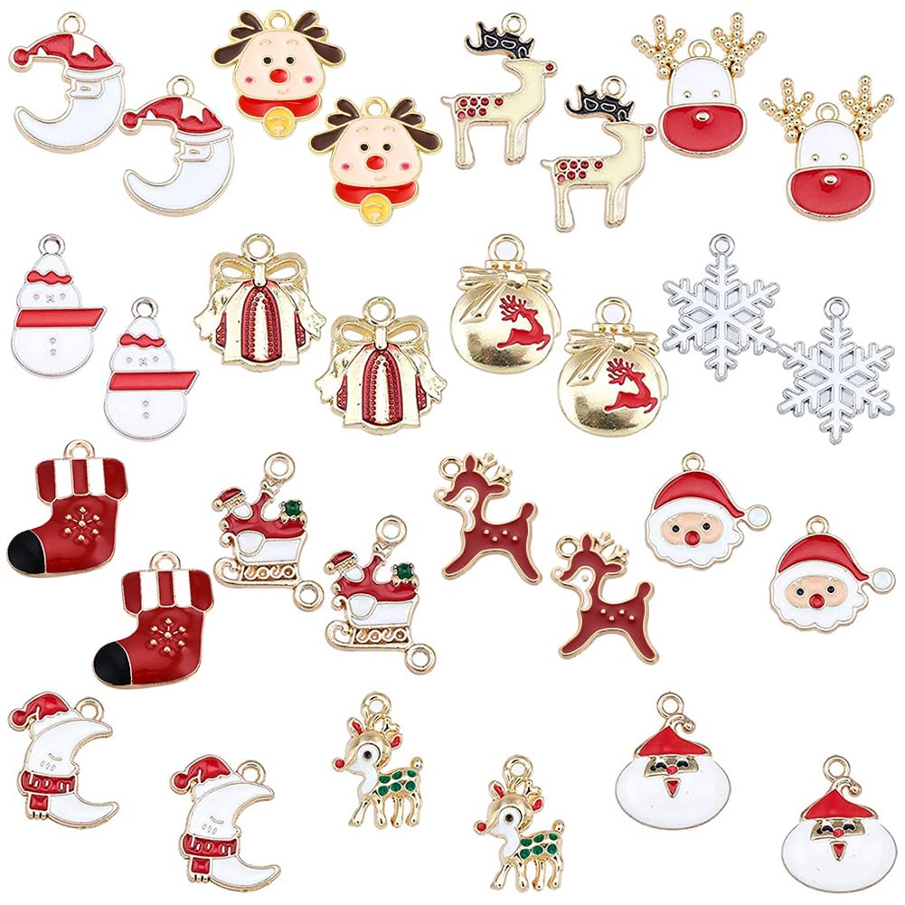 SUNNYCLUE 1 Box 30Pcs 15 Styles Christmas Pendant Charms Gold Plated Enamel Alloy Christmas Charms Bulk Jewelry Findings for Earring Bracelet Necklace Jewelry Making Supplies Craft