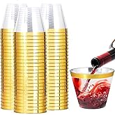 I00000 200 Pack Gold Plastic Cups, 9 Oz Elegant Clear Plastic Cups Gold Rimmed Disposable Wine Glasses Fancy Disposable Party Cup Wedding Cup Drinking Tumblers Cocktail Glasses Perfect for Party