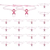 Qoncosy 20 Pack Breast Cancer Awareness Bracelets, Pink Wax Cord Adjustable Ribbon Wristbands, Bulk Inspirational Hope Gifts for Women, Cancer Awareness Support Accessories
