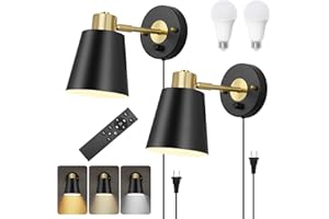 VATONI Wall Sconce Plug in, Remote Control Dimmable Wall Sconces and Adjustable Color Temperature 2700K-6000K Wall Lights with Plug in Cord, Wall Mounted Light for Bedroom Bedside(2 Pack, 2 Bulbs)