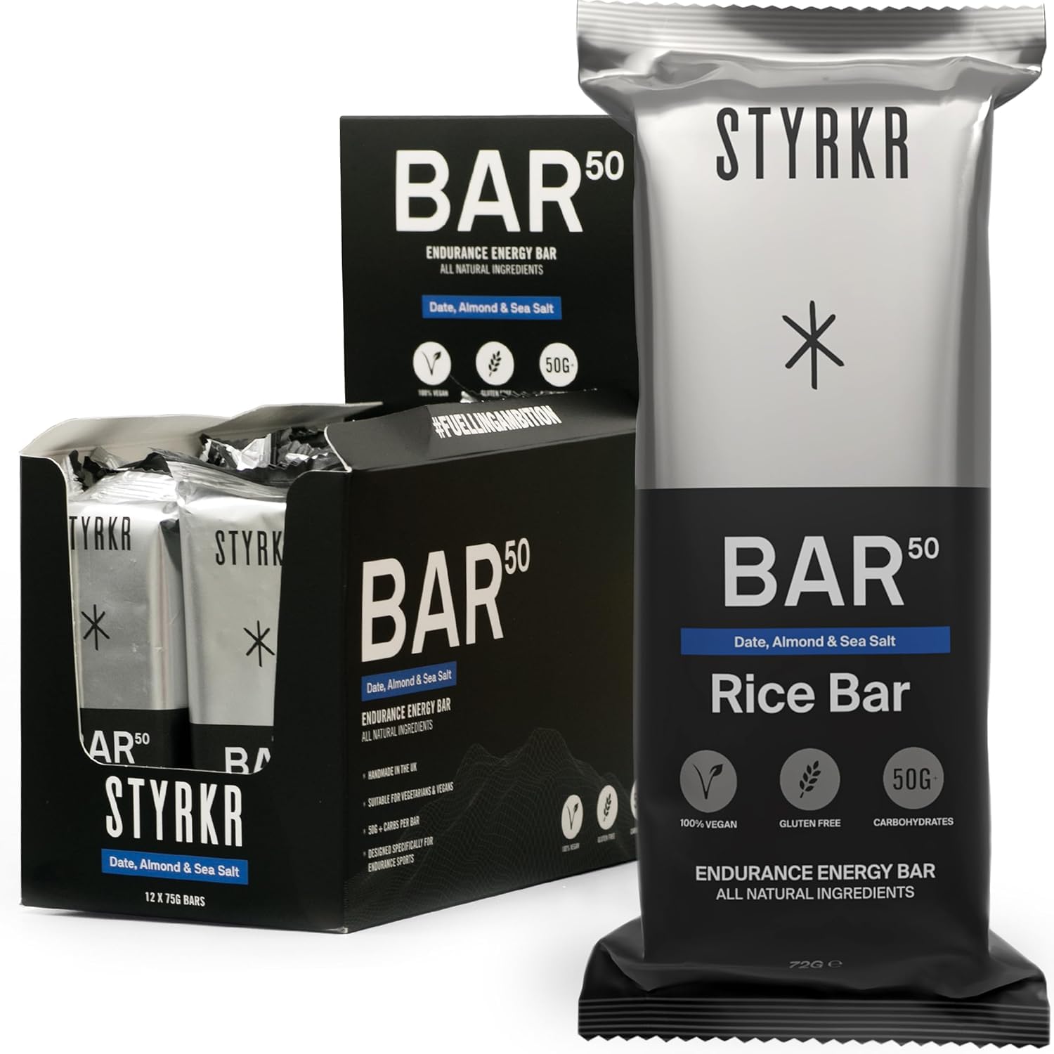 Styrkr BAR50 Energy Bars - Pack of 12 Rice Bars for Cycling & Running - Date, Almond & Dark Chocolate - Approved by Endurance Athletes - 50g of Carbs via Advanced Dual-Carb Formulation - 12x Pack