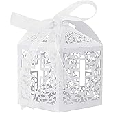VIVIQUEN Baptism Favor Boxes, Laser Cut Cross Favor Boxes with 50 Ribbons for Baby Shower, Christening, Bomboniere Wedding Party Decorations (Pure White 50PCS)