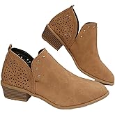 JITUUE Ankle Boots for Women Casual Cut Out Slip On Low Heel Short Chunky Stacked Heel Perforated Side V Cut Western Booties Cutout Shoes(Brown-c,US 9.5