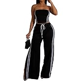 Famnbro Womens Summer 2 Piece Sets Striped Strapless Sexy Tube Top and High Waist Track Pants Casual Outfit