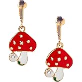Aloha Earrings Non Pierced Gold Tone Clip On Red Mushroom with Simulated Pearl Dangling Earrings