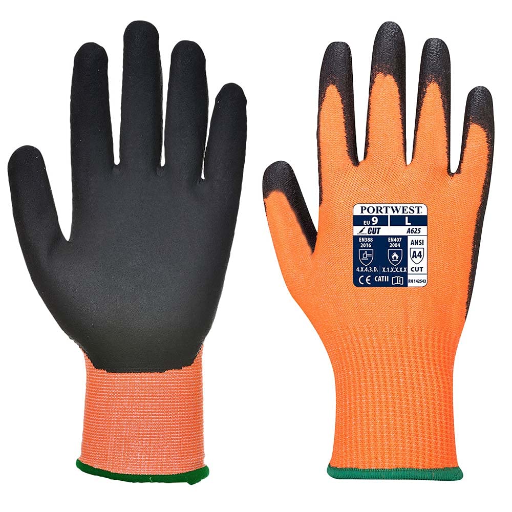Portwest Vis-Tex Cut Resistant Glove - PU, Size: S, Colour: Orange/Black, A625O8RS