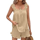 chouyatou Women's Summer Pajamas Set 2 Piece Ruffle Cami Top and Shorts Sleepwear Set Cotton Pj Lounge Set