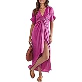 OWNGIGI Women's Maxi Dress Causal Wrap V-Neck Boutton Slit Puff Short Sleeve Beach Party A Line Boho Long Dresses Pink