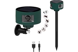 HULPPRE Solar Indoor&Outdoor Motion Sensor Alarm,Ultrasonic,360° Moton Detection,130db Noise Maker,4 Modes,Mount on Ground or Fence,Red Motion Activated Strobe Light,Say Goodbye to The Intruders