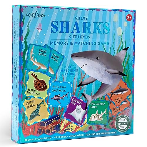 eeBoo: Memory & Matching Game- Shiny Sharks & Friends - 24 Matching Pairs, Educational Preschool Game, Kids Ages 3+, 1-4 Players