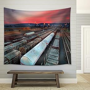 Cargo Train Platform at Sunset with Container - Fabric Wall Tapestry Home Decor - 51x60 inches