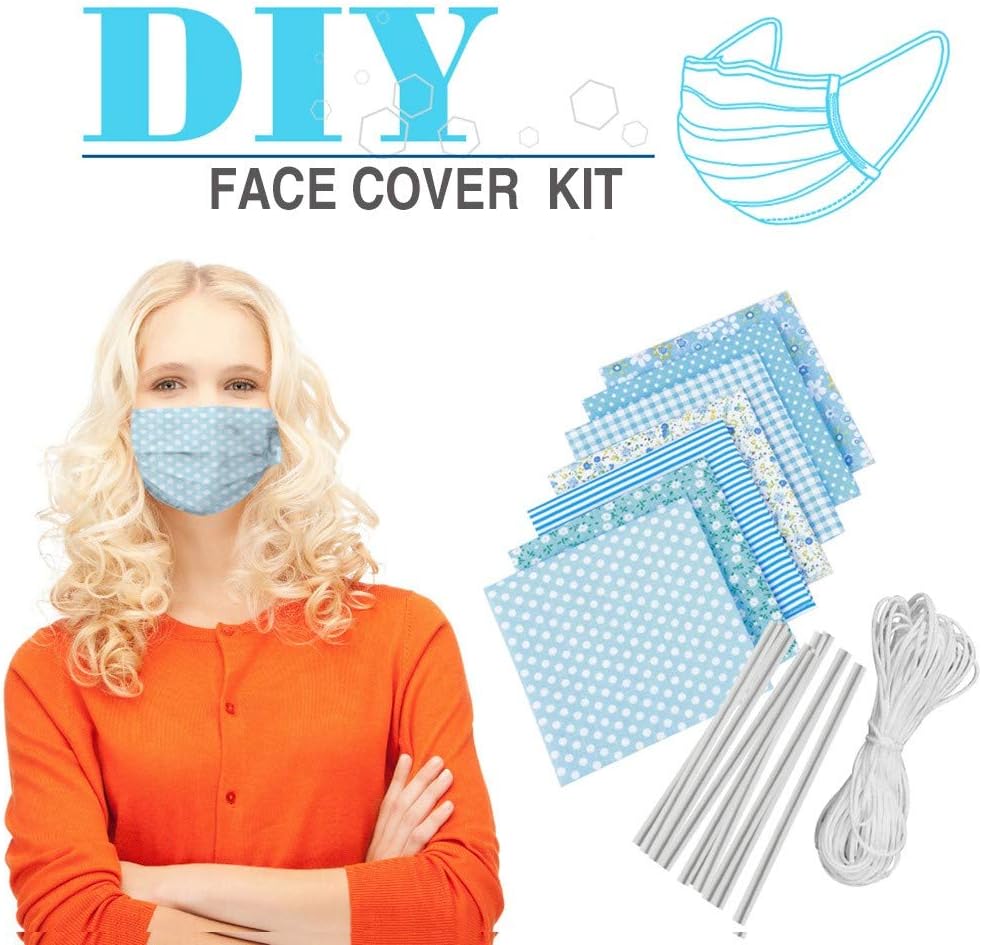 Cotton Craft Fabric Bundle Patchwork Squares Quilting Sewing Patchwork Different Pattern Cloths DIY Scrapbooking Artcraft,7 Pieces/Pack w/10 x Face Cover Metal Wire (Blue)