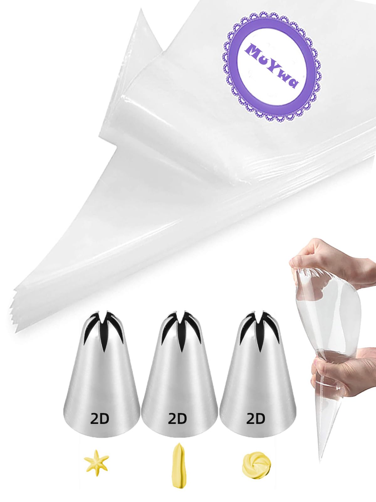 2D Piping Nozzles and Bags Set,2D Closed Star Piping Tip 3 Pcs with 20 Disposable Icing Bags for Cake Decorating,23 Pcs