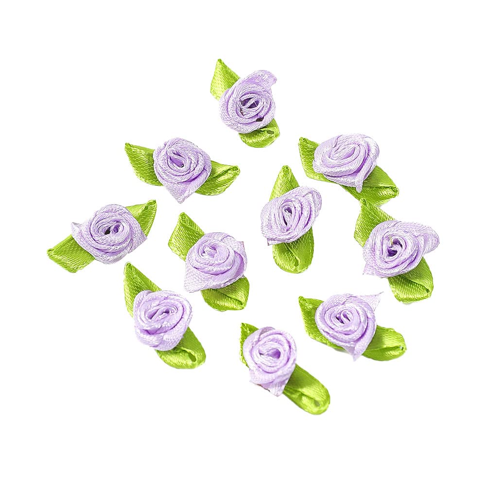 Duories 100 xmini Artificial Flowers Roses Heads,Bow Roses with Leaf,Rose Flower Heads Flower Heads for Crafts,Flower Appliques,Confetti Decoration for DIY Crafts,Garland Scrapbooking,Light Purple
