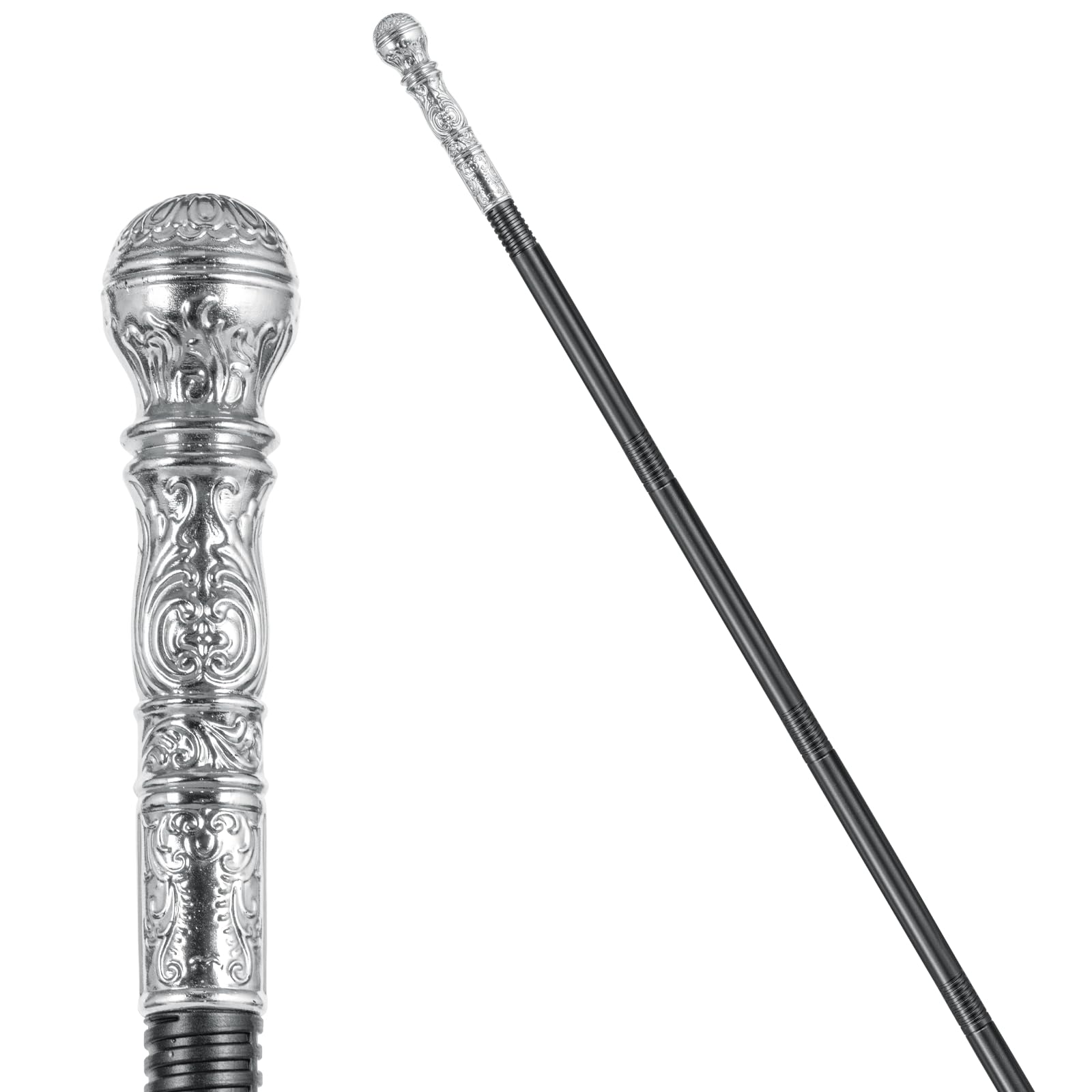 Halloween Vintage Cane Scepter Wizard Staff, 4-Section King Staff 55 inches Golden/Silver Elegant Prop Stick Scepter Walking Canes for Adult Dress-up play and pretend Parties (silver plated) — image 1