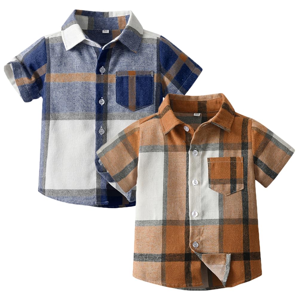 Photo 1 of Feidoog Toddler 2 Pack Baby Boys Short Sleeve Plaid Shirts Button Down Top Outwear Clothes,Brown+Dark Blue,4-5T