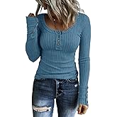 KINLONSAIR Women’s Long Sleeve Henley T Shirts Button Down Slim Fit Tops Scoop Neck Ribbed Knit Shirts