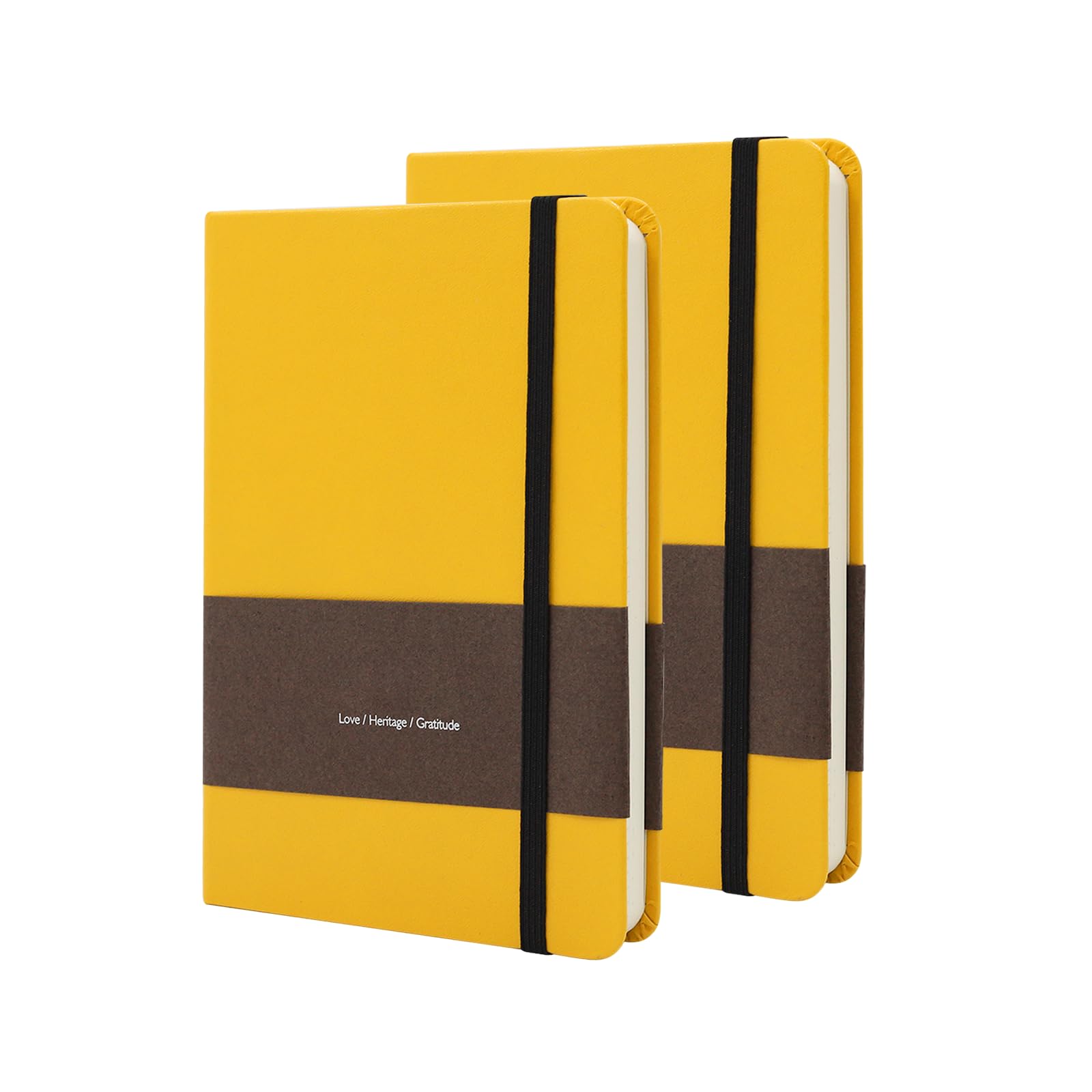 TUNJILOOL A6 Leather Journal Notebook - 2Pack Dotted/Grid/Blank Pages, 100GSM Thick Paper, Water-Resistant Cover, Elastic Closure & Inner Pocket (Yellow)