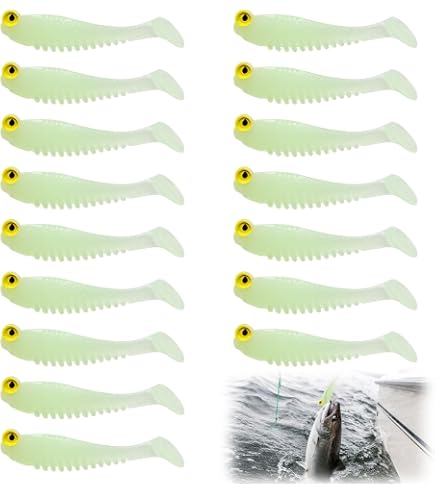 Outus 50 Pcs Glow in The Dark Fishing Lures, Glow Sticks Soft Plastic Swimbaits for Freshwater or Saltwater Use, Glows Worm Lure for Night Fishing Bass Crappie Trout : Sports
