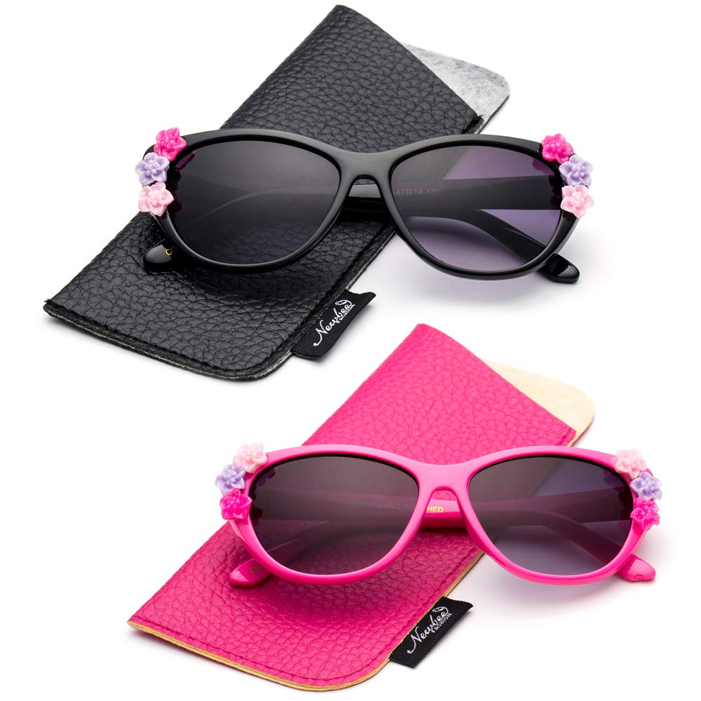 Kids Girls Toddlers Fashion Sunglasses Cateye Cute Sunglasses with Flowers UV Protection w//Pouch Newbee Fashion 0-5 YRS