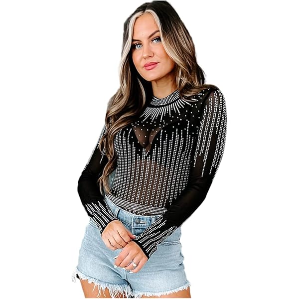 Amazon.com: Women Sexy Rhinestone Sheer Mesh Bodysuit Long Sleeve