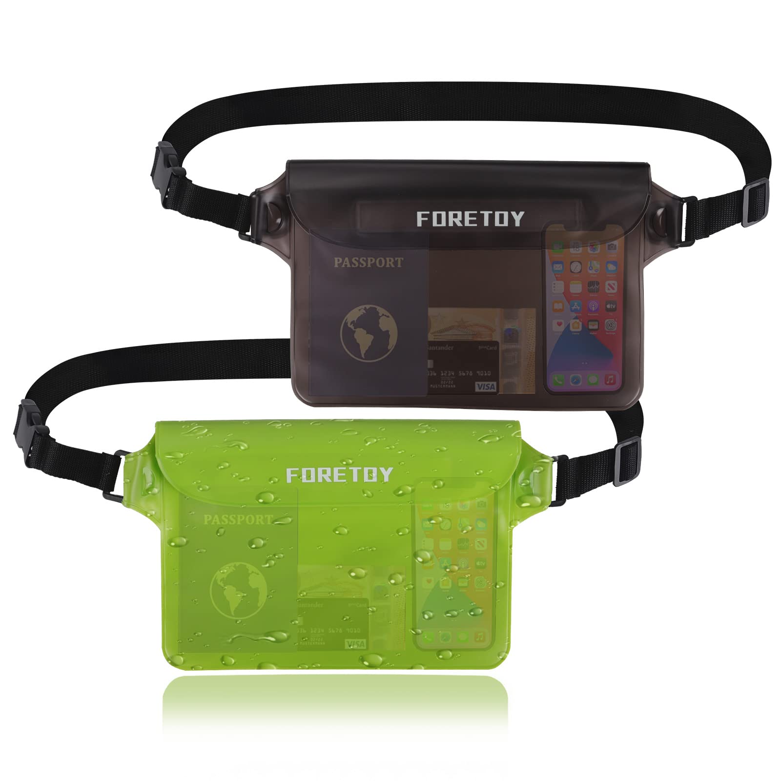 FORETOY Waterproof Pouch Bag, Waterproof Fanny Pack, Waterproof Bum Bag with IP68 Waterproof Mobile Phone Case for Water Sports, Beach, Swimming, Climbing, Transparent, 2 Pieces