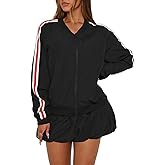 Women's 2 Piece Sets Causal Zipper Workout Jacket and Drawstring Bubble Skirt Skort Athletic Sweatsuits Outfits Sets