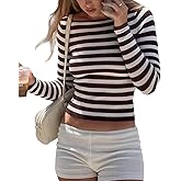 BAIGRAM Women Y2K Boat Neck Striped Crop Sweater Long Sleeve Slim Fit Knit T-Shirt Top Aesthetic Preppy Pullover Fall Outfits