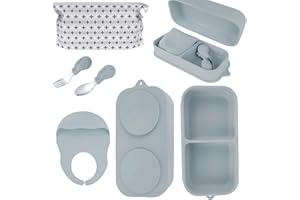 TAOCEEXI Travel Silicone Baby Feeding Set with 316 Stainless Steel Spoon & Fork,Silicone Suction Plates, Foldable Bib, Storage Bag - Portable Infant Toddler Utensils, 6-Piece BPA-Free Dishware Kit（gray）