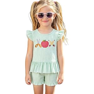 Ritatte Kid Back to School Outfit for Girls Cute Ruffle Sleeve Striped Embroidery Short Set First Day School Summer Clothes