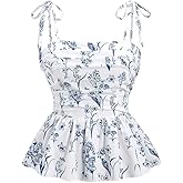 MakeMeChic Women's Floral Tie Shoulder Tank Tops Ruched Ruffle Hem Shirred Camisole Crop Tops