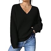 SKAYS Women's Casual V-Neck Sweater Drop Shoulder Long Sleeve Solid Color Knit Pullover