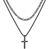 Fiusem 2 Pcs Cross Necklace Chain for Men and Women, Stainless Steel Layered Mens Cross Necklaces with Pendant, Figaro and Box Chain 16-24 Inch