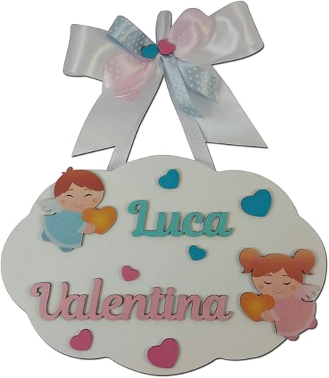 Fiocco Nascita Per Gemelli Personalizzato Con Angeli Stella O Cuore Con I Nomi Dei Vostri Bambini