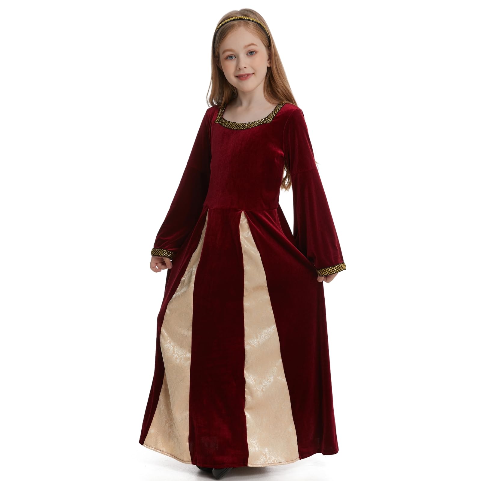maxToonrain Girls Medieval Princess Costume Renaissance Velvet Dress Kids Royal Fancy Dress Up for Halloween World Book Day (Red, Small)