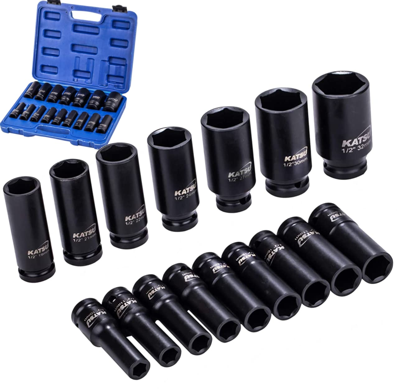 KATSU Tools 1/2" Impact Socket Set 16PCs 10-32mm Deep Heavy Duty Car Repair Tyre Bolt Removal Wrench 420441