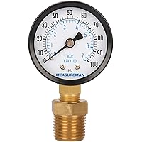 MEASUREMAN 2" Well Pump Pressure Gauge, 0-100psi/bar, 1/4" NPT Male with 1/2" NPT Adaptor, 3-2-3% Accuracy