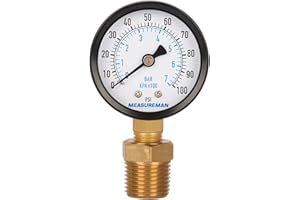 Measureman 2" Well Pump Pressure Gauge, 0-100psi/bar, 1/4" NPT Male with 1/2" NPT Adaptor, 3-2-3% Accuracy