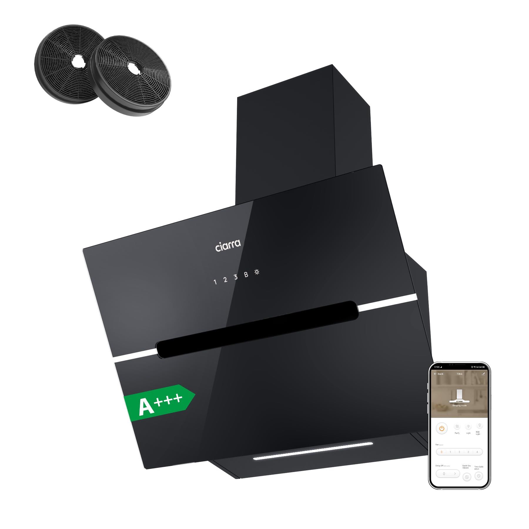 CIARRA CBCB6736F WIFI APP Touch Control Angled Cooker Hood 60cm Black with CBCF003 Carbon Filters Chimney Vent Hood with LED Lights Ducting&Recirculating Kitchen Extractor Fan